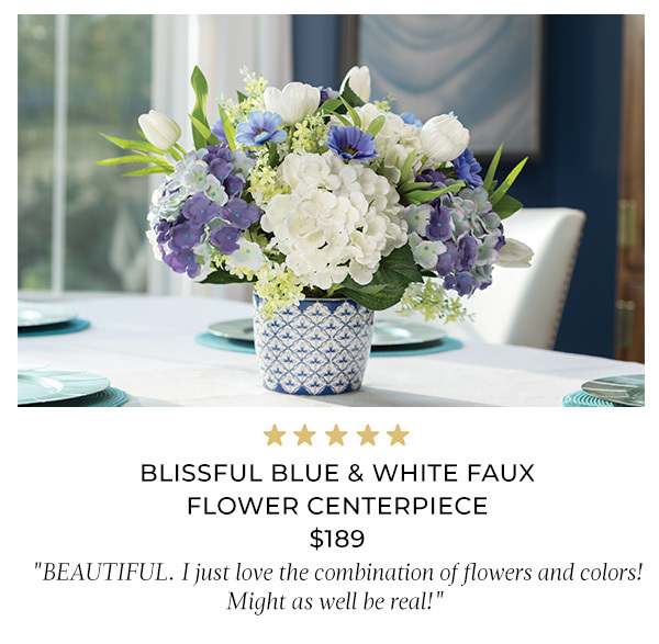 Blissful Blue & White Faux Flower Centerpiece Item #FLB956-BLW