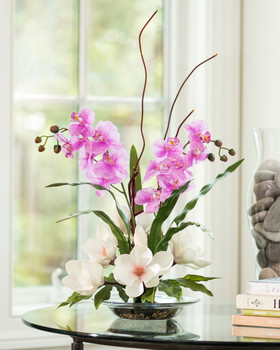 Exotic white magnolia and lavender orchids silk floral arrangement
