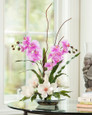 Exotic white magnolia and lavender orchids silk floral arrangement
