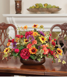 Scabiosa, Rose & Rudbeckia Faux Flower Centerpiece, by Petals.