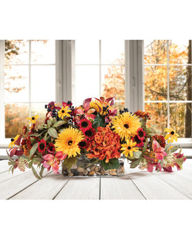 Hydrangea, Zinnia & Daisies Silk Flower Autumn Centerpiece in glass vase, by Petals