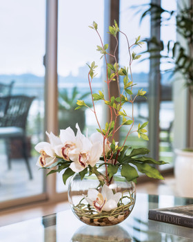 Cymbidium Orchid & Monstera Leaf Silk Flower Arrangement in Cream White