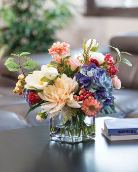 Dahlia, Hydrangea & Berries Centerpiece in Mixed Pastel.
