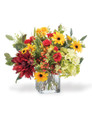 Dahlia, Hydrangea & Berries Centerpiece in Red and Yellow.
