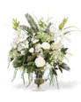 Glorious Splendor Silk Flower Centerpiece, arranged in our voluminous 8" stemmed glass vase of clear acrylic water. Available at Petals.