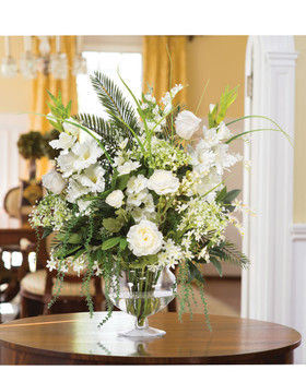 Glorious Splendor Silk Flower Centerpiece, arranged in our voluminous 8" stemmed glass vase of clear acrylic water. Available at Petals.