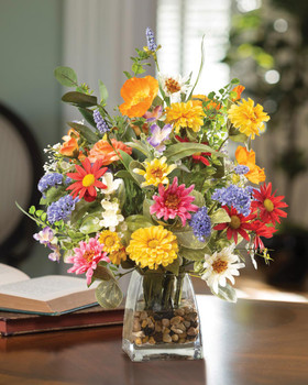 Daisy, Statice & Zinnia Faux Flower Centerpiece, by Petals.