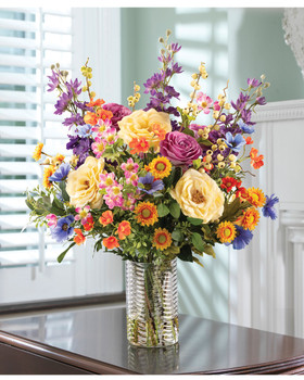 Roses, Delphiniums & Cosmos Silk Flower Arrangement