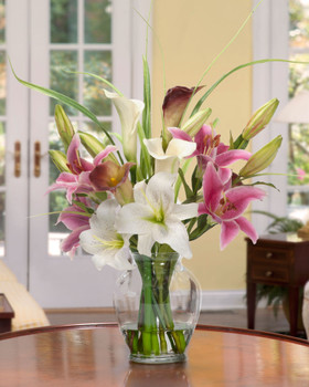 Calla lily & Rubrum Lily Silk Flower Bouquet romantic silk centerpiece set in 7" tall glass vase
