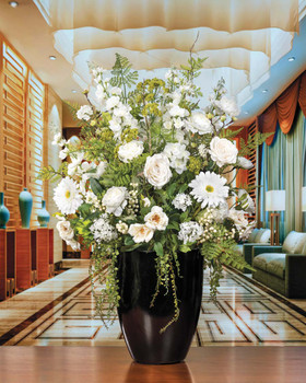 Pure Elegance Silk Flower Arrangement in a 14" tall, black garden glazed planter. Available at Petals.