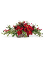 Plush Velvet Poinsettia, Pine & Berries Artificial Christmas Centerpiece in glass vase, by Petals.