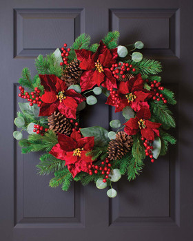 Plush Velvet Poinsettia, Pine & Berries Artificial Christmas Holiday Teardrop