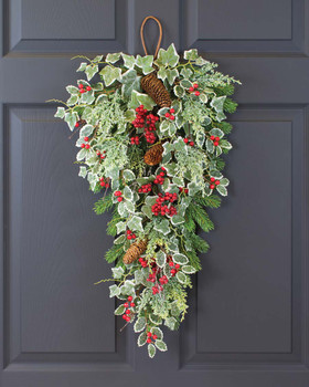 Holly, Ivy & Berries 28" Artificial Holiday Teardrop, By Petals.