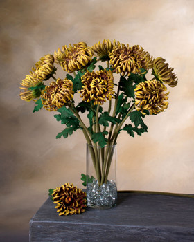 23.5" Faux Fuji Mum Silk Flower Stem in Burgundy Yellow.