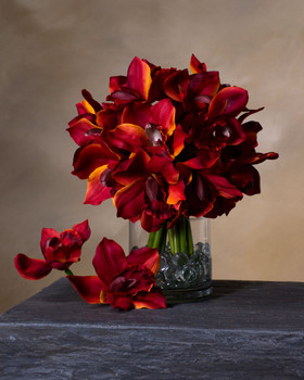 11" Artificial Cymbidium Orchid Flower Stem Burgundy Orange.